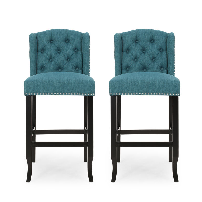 Seliva Barstool Chair Set of 2, Teal Fabric, Tufted Back, Brown Rubberwood - Benzara
