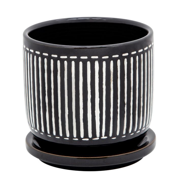 Ceramic Planter with Vertical Lines Pattern and Saucer, Black and White- Benzara