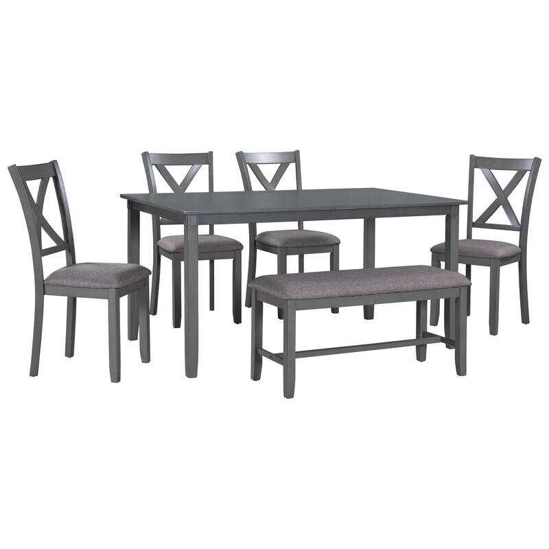 Whisen 6-Piece Wooden Rectangular Kitchen Dining Table Set with 4 Fabric Chairs and Bench - Espresso