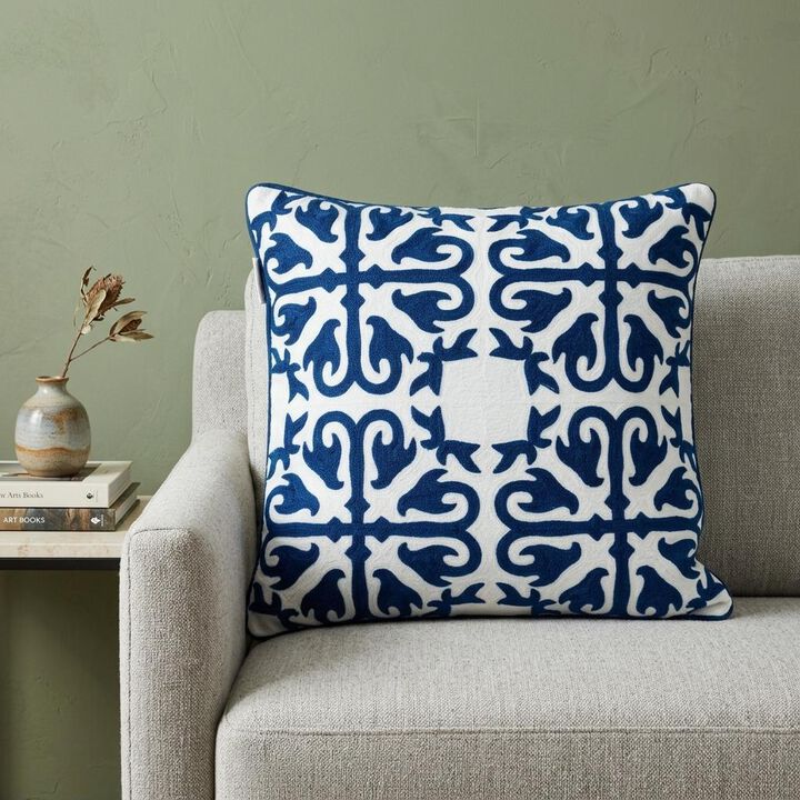 HomeRoots 20" Blue and White Geometric Cotton Throw Pillow