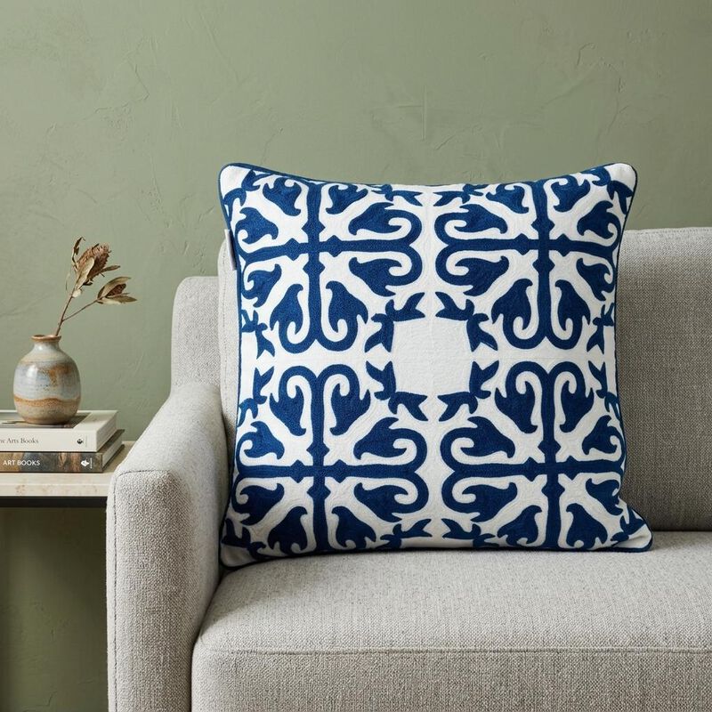 HomeRoots 20" Blue and White Geometric Cotton Throw Pillow image number 1