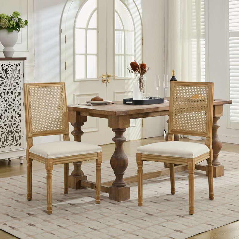 Whisen French Dining Chairs Set of 2, Solid Rubberwood Frame with Linen Upholstery and Rattan Back, for Living Room Kitchen Restaurant image number 4