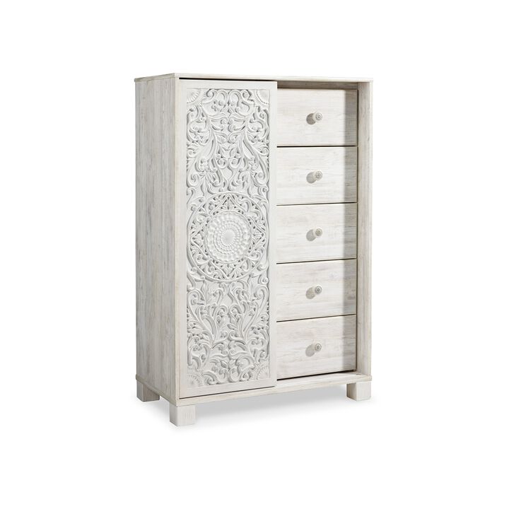 Paxy Tall Dresser Chest, 5 Drawers, Carved Sliding Door, Whitewash - Benzara
