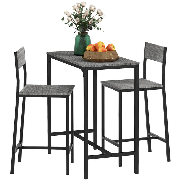 HOMCOM 3 Piece Bar Table and Chairs, Industrial Dining Table Set for 2, Counter Height Kitchen Table with Bar stools, Breakfast Table Set for 2 for Small Space, Gray