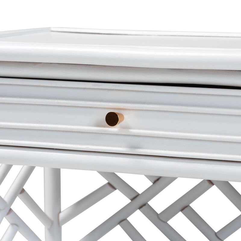 bali & pari Tiaret Natural Rattan Nightstand with Drawer and Shelves – Chippendale-Style Bedside Table for Bedroom or Coastal Living Spaces, White