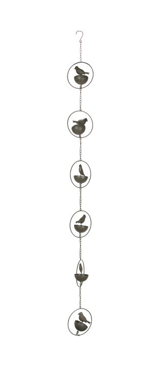 65 Inch Dark Brown Bird Bowl Metal Rain Chain Decorative Patio Accent Garden Art