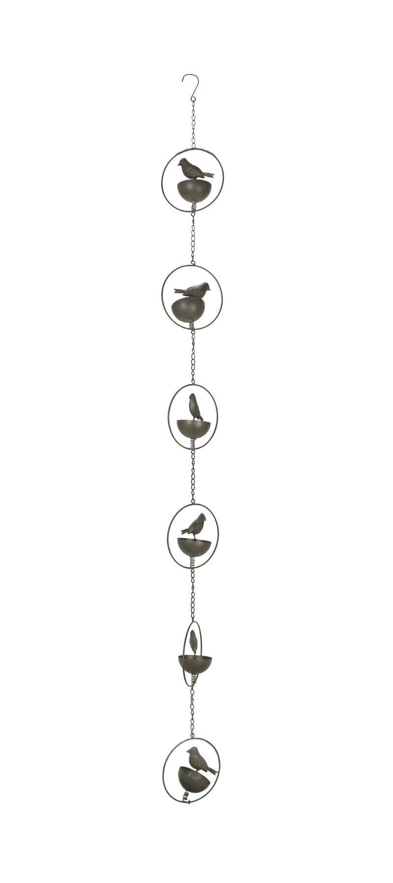 65 Inch Dark Brown Bird Bowl Metal Rain Chain Decorative Patio Accent Garden Art image number 0