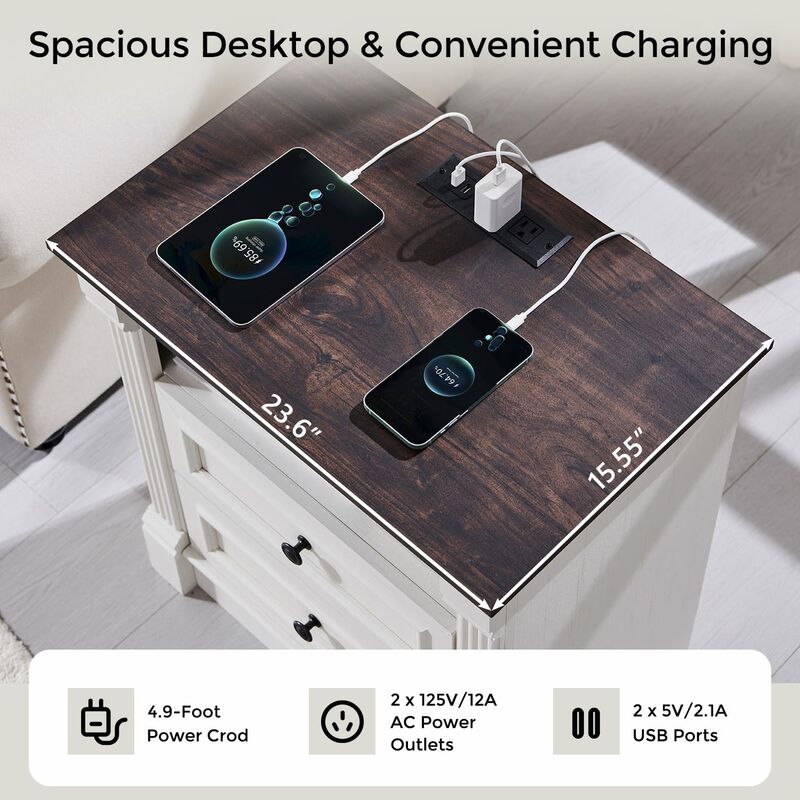26" Farmhouse Nightstand with Charging Station, Drawer & Shelf image number 1