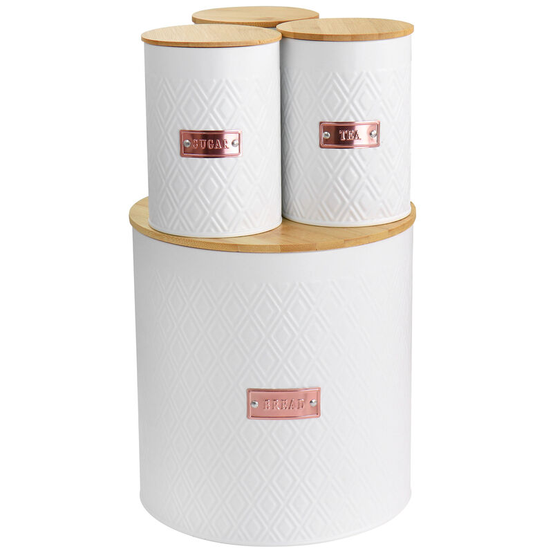 MegaChef Kitchen Food Storage and Organization 4 Piece Argyle Canister Set in White with Bamboo Lids