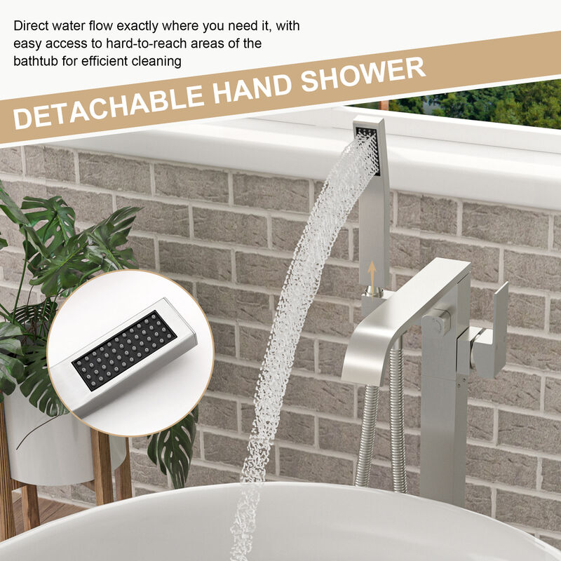 Brushed Nickel Free Standing Tub Faucet Floor Mounted Tub Filler Faucet Brass Bathroom Tub Faucets with Hand Shower