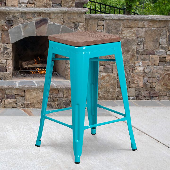 Flash Furniture Sinclair 24" High Backless Crystal Teal-Blue Counter Height Stool with Square Wood Seat