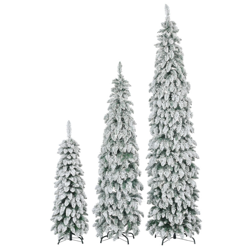 Whisen 8FT, 6FT, 4FT Pre-Lit Pencil Christmas Trees, 3-set Slim Artificial Christmas Tree With Snow Flocking, Xmas Holiday Decoration Tree, 1455 Branch Tips, 520 LED Lights image number 5