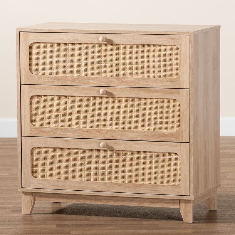 Baxton Studio Elsbeth Japandi Oak Finished Wood and Natural Rattan 3 Drawer Storage Cabinet image number 8