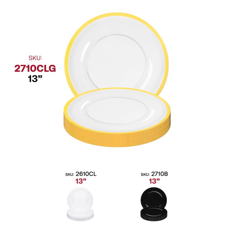 13" Clear with Gold Rim Round Plastic Charger Plates (60 Plates) image number 5