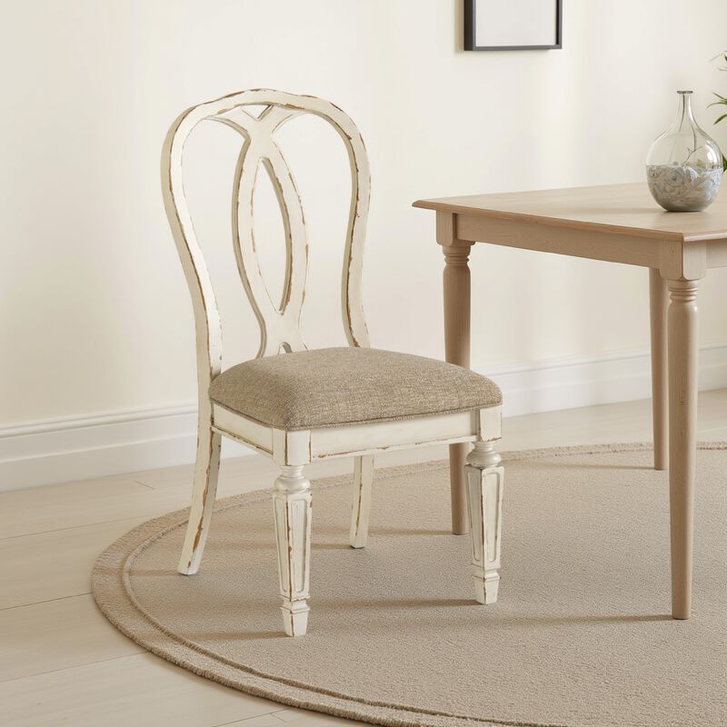 Alyn Dining Side Chairs Set of 2, Ribbon Back, Distressed White Wood - Benzara