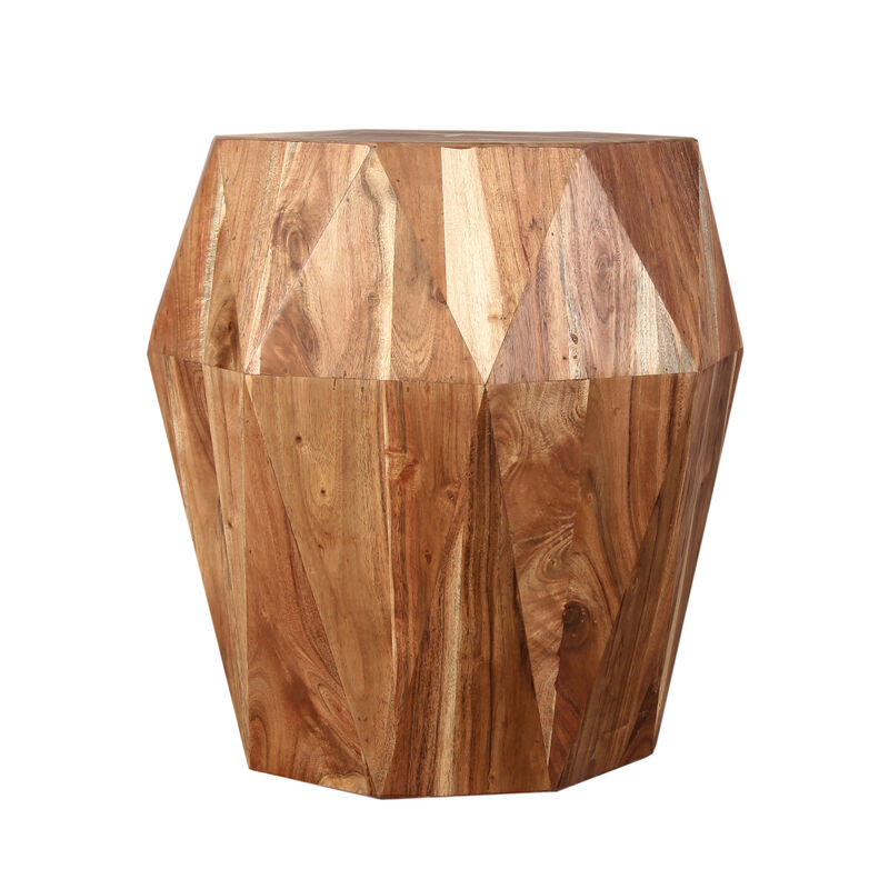 Bon 22 Inch Artisanal End Side Table, Multifaceted Solid Acacia Wood, Octagon Top, Natural Brown