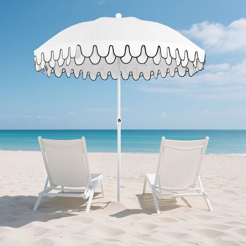 Horizon 6.5 ft. Classic MidCentury Scalloped Fringe Market Beach Umbrella with Push-Button Tilt, Wind Vent and UV Protection, and Carry Bag image number 1