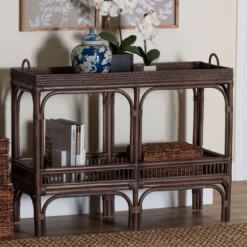 bali & pari Lombok Natural Rattan Console Table - Handwoven Wicker 2-Tier Accent Table with Raised Tray Top for Living Room or Entryway image number 6