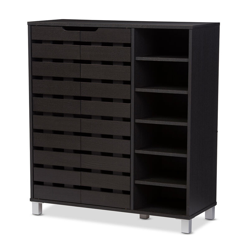 Baxton Studio Shirley Modern and Contemporary Dark Brown Wood 2-Door Shoe Cabinet with Open Shelves