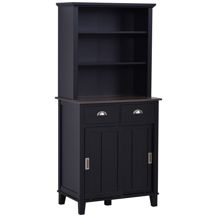 67" Freestanding Buffet with Hutch, Kitchen Pantry Storage Cabinet with Sliding Doors, Drawers and Open Shelves, Adjustable Shelving, Black