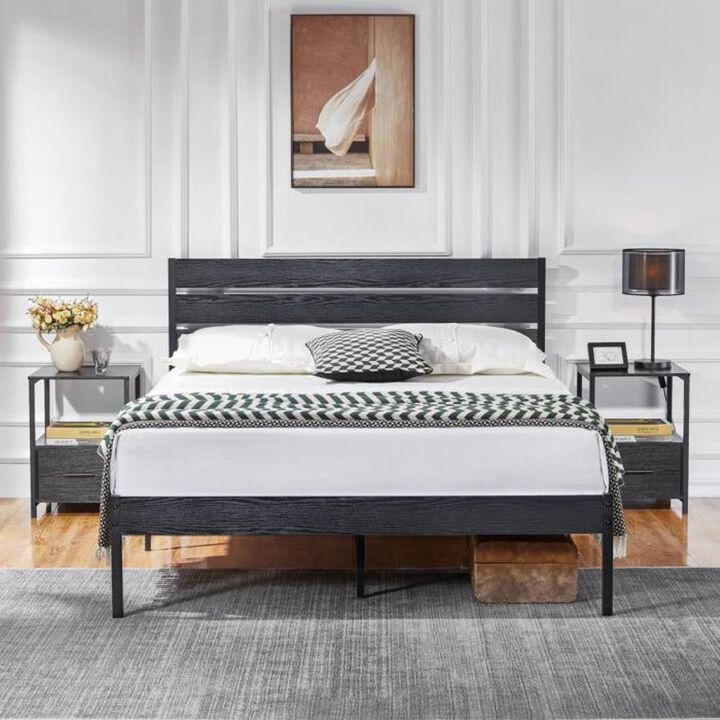 Hivvago Queen size Industrial Platform Bed Frame with Wood Slatted Headboard in Black