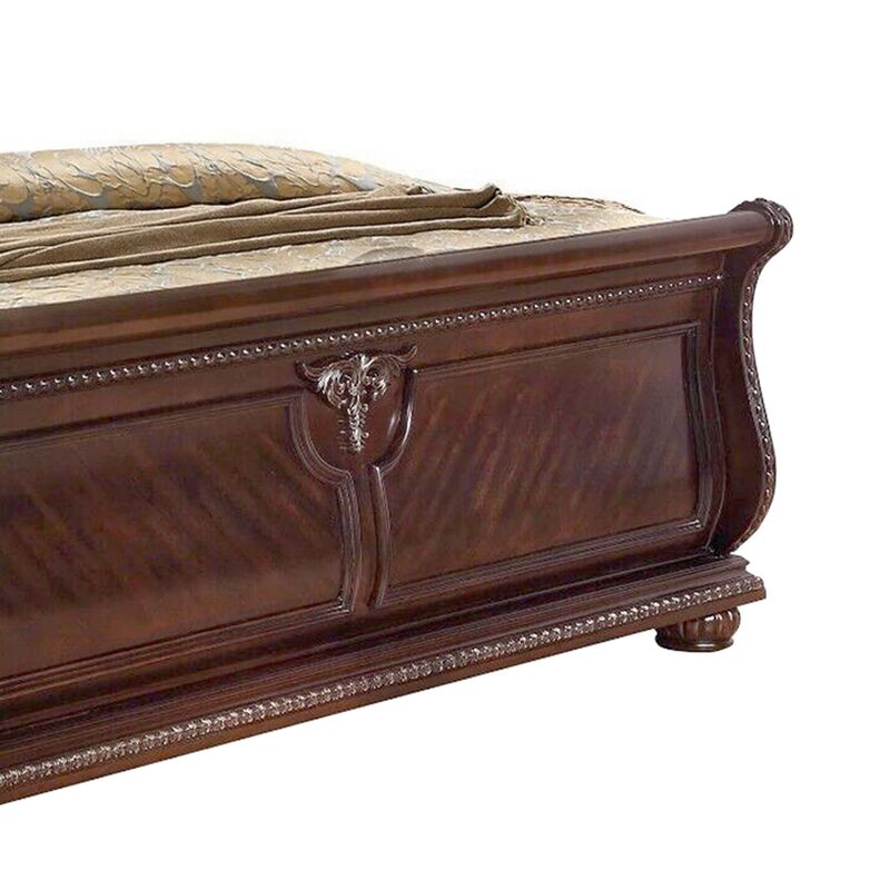 Mano California King Bed, Faux Leather Upholstery, Carved Walnut Brown Wood - Benzara