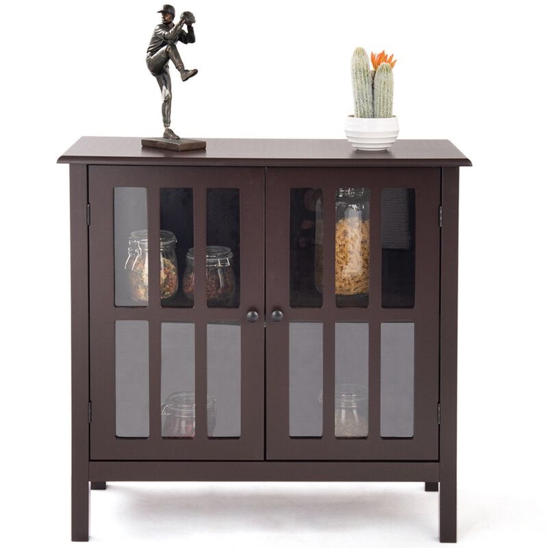 Hivvago Brown Wood Sideboard Buffet Cabinet with Glass Panel Doors