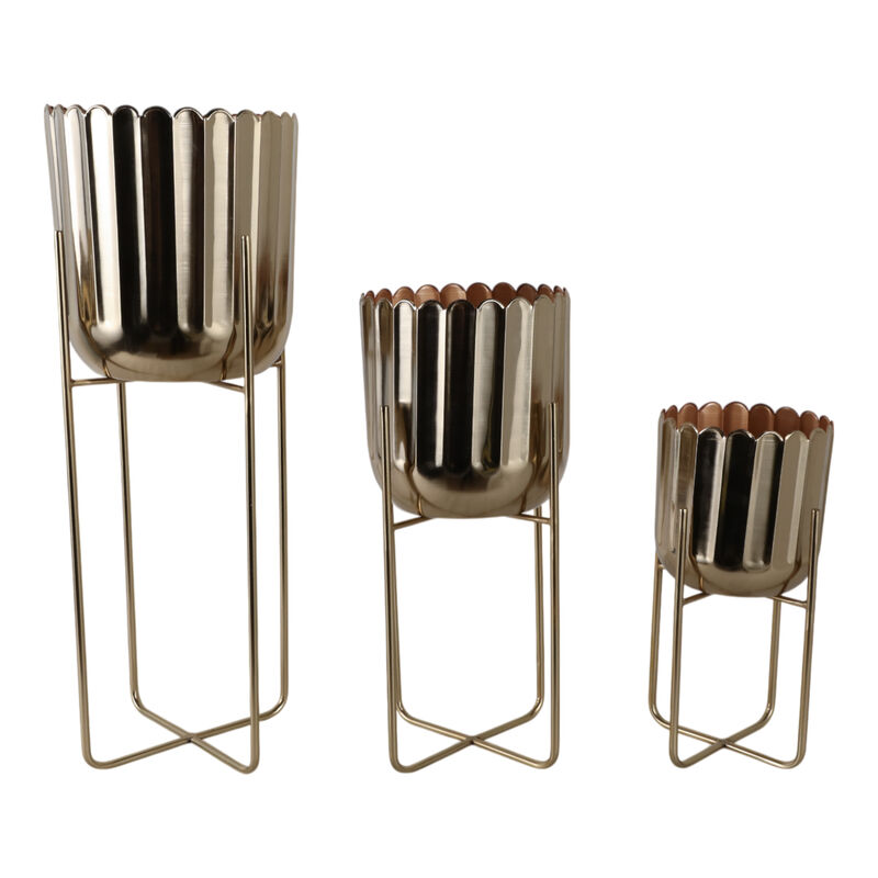 S/3 15/20/27" Scallop Metal Planter On Stand, Gold image number 0