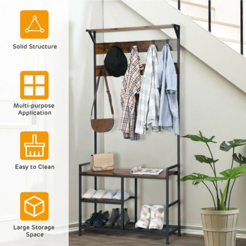 3-In-1 Coat Rack Stand with 9 Hooks Shoe Bench