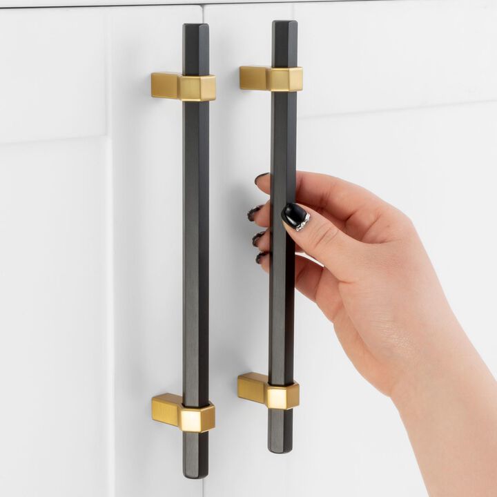 ASKANO Black and Gold Cabinet Pulls, 6-1/4 Inch Hole Centers, Hexagon Bar Kitchen Cabinet Handles AP1310 | Pack of 10, Solid Har