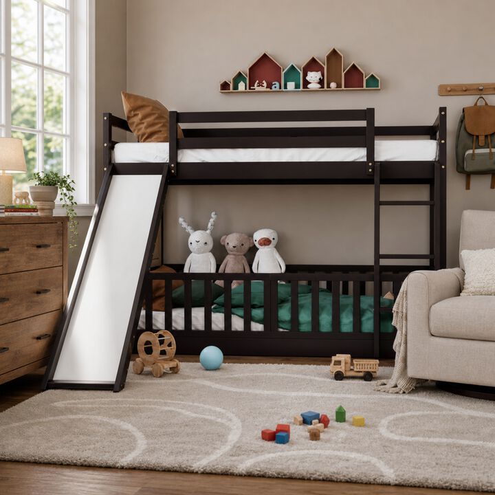 Whisen 77.3"x87.1" Twin Over Twin Bunk Bed, Solid Wood with Slide Ladder for Kids Bedroom
