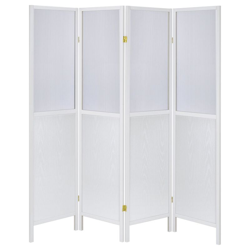 Matt 4 Panel Screen Room Divider, Folding Modern White Finish, 70 Inch - Benzara