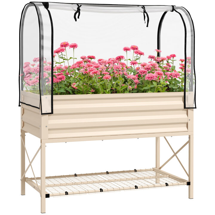 Outsunny Raised Garden Bed with Cover and Storage Shelf, Rectangular Metal Elevated Planter Box with Legs and Bed Liner for Vegetables, Flowers, Herbs, Cream
