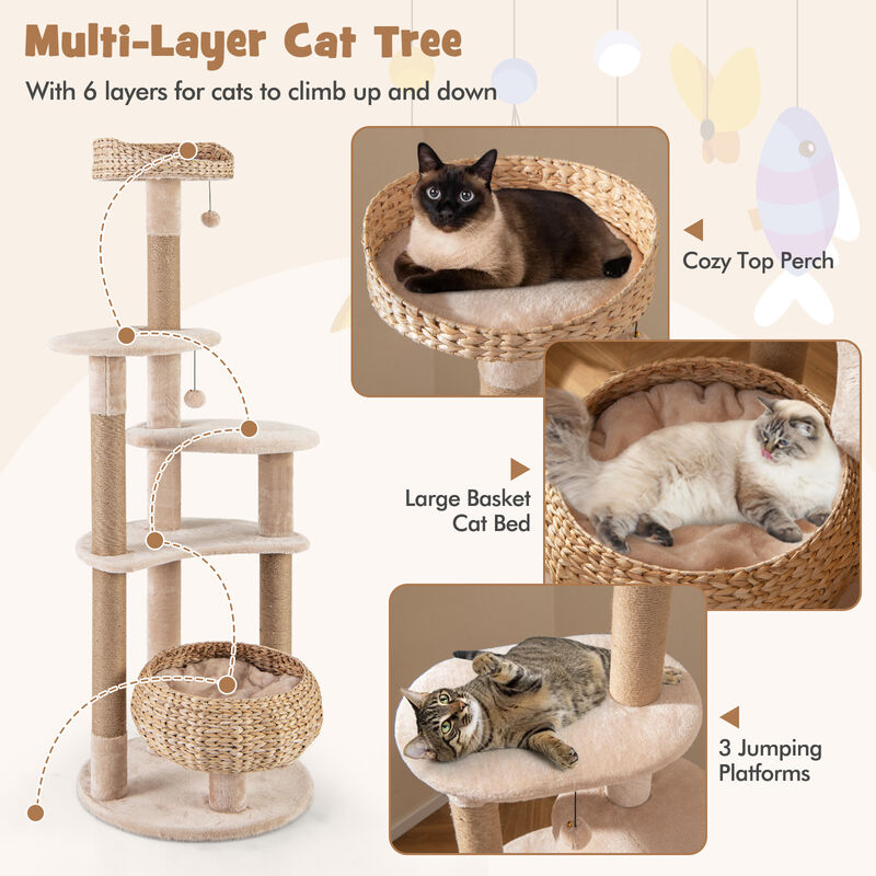 59" Cat Tree for Indoor Cats with Perch, Soft Hammock & Scratching Posts