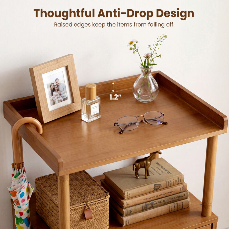 Bamboo Rattan Nightstand with Raised Edge Flip-Up Door and Open Shelf image number 5