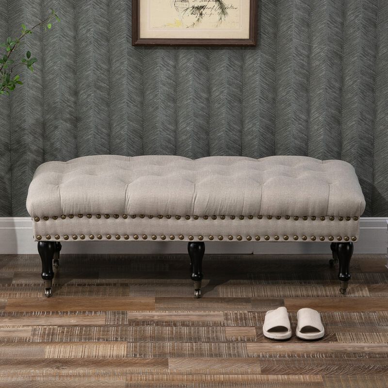 Mobile Upholstered Bench Rolling Button-Tufted Fabric Accent Ottoman with Nailhead Trim & Wheels, Beige image number 2