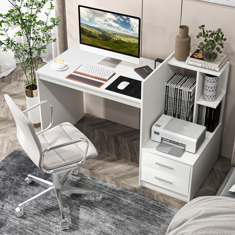 Costway Computer Desk Laptop Table Writing Study Desk Home Office with Bookshelf & Drawers