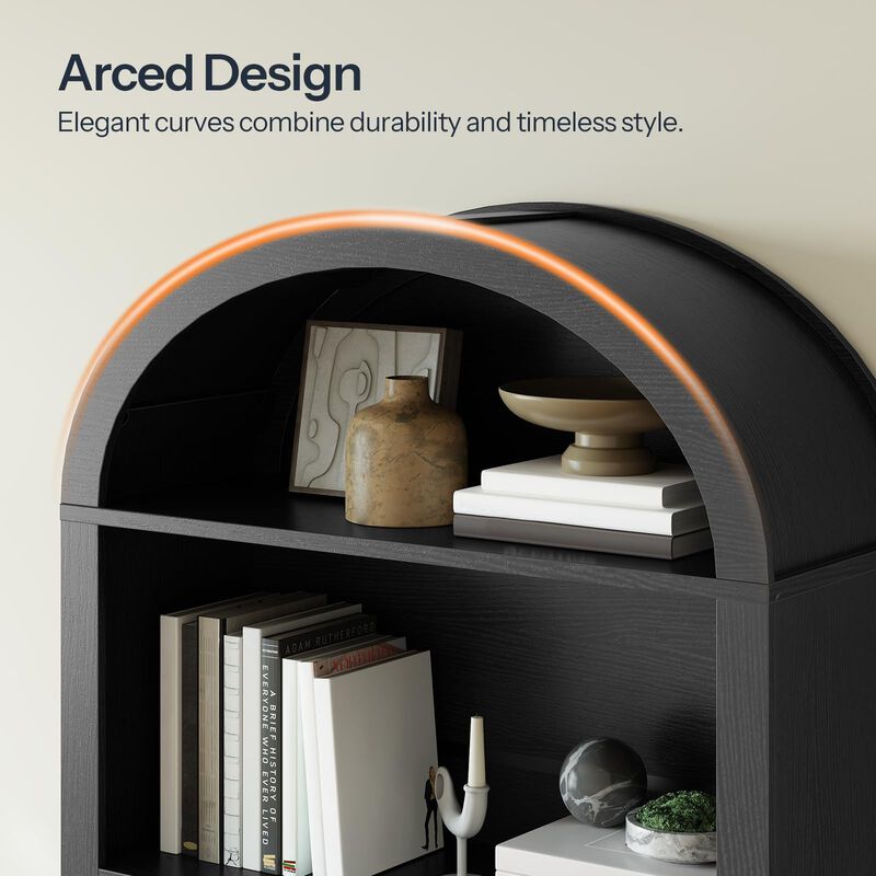 Arched 5 Tier Bookshelf with Storage, Decorative Open Shelf Bookcase-Black image number 6