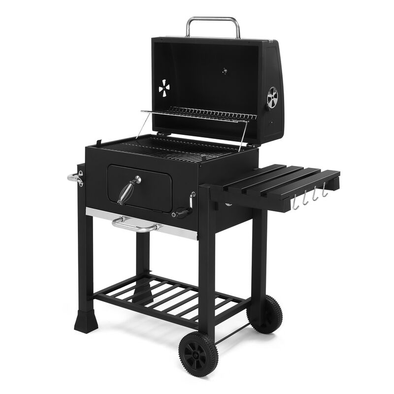 Charcoal Grill with Foldable Side Table and Wheels, Portable Outdoor BBQ Grill for Backyard Cooking