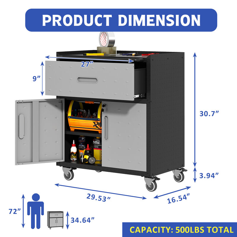 Mondawe Modern Metal Tool Cabinet, Black Grey Mobile Heavy-Duty Storage Cabinet With Wheels