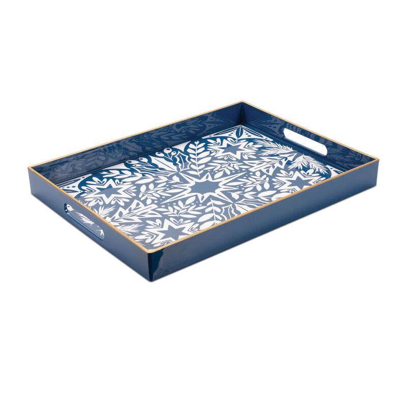 HomeRoots 16" Blue And White Geometric Star And Trees Serving Tray With Handles image number 2