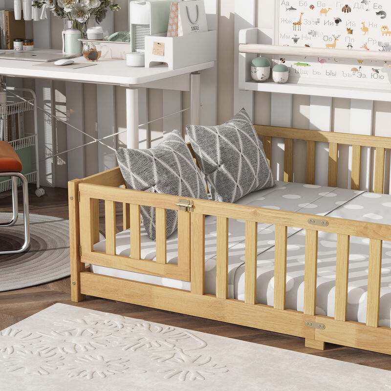 Whisen Full-Size Floor Bed with Safety Enclosure and Door, Rubber Wood Frame with Guardrail Fence image number 4
