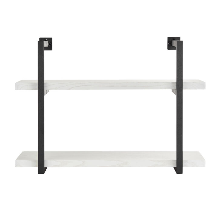 Modern 2-Tier Hanging Bracket Wall Shelves in Black Metal and White Birch Finish
