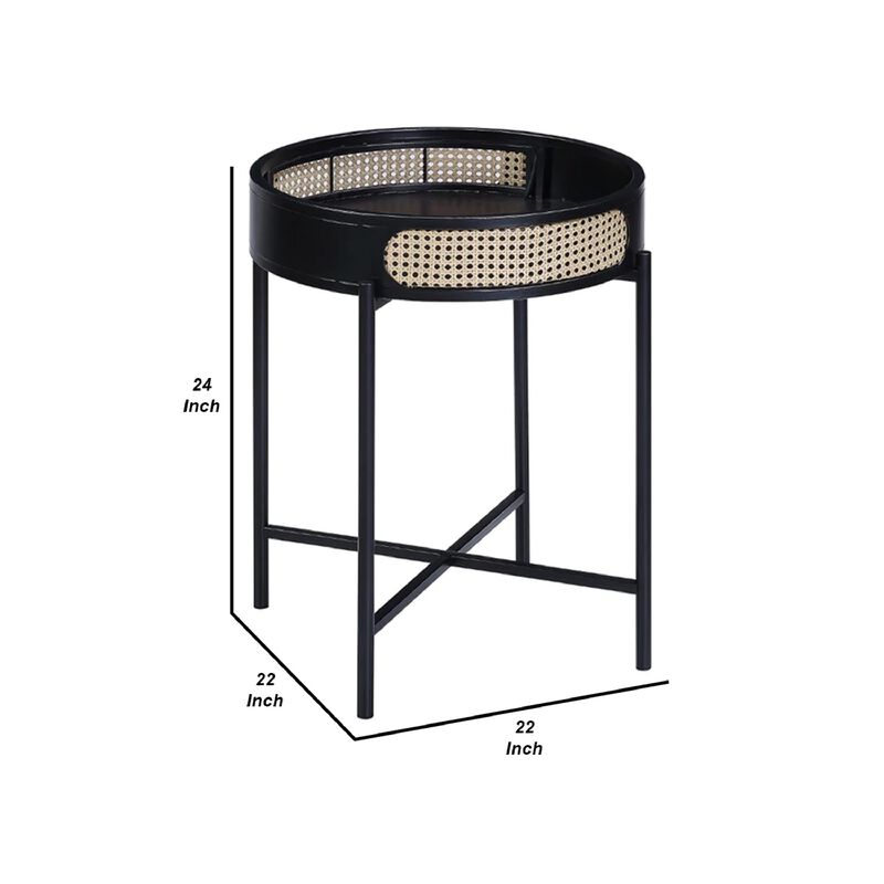 Bert 24 Inch Round End Table, Rattan Apron Accent, Metal Legs, Black