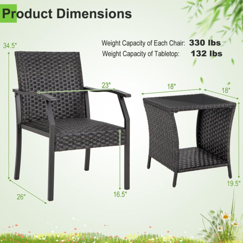 Hivvago 3 Piece Patio Wicker Chair Set with Quick Dry Foam Cushions