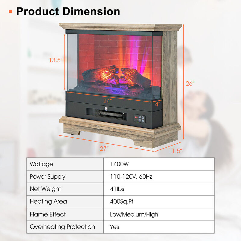 27 Inch Freestanding Electric Fireplace with 3-Level Vivid Flame Thermostat-Natural
