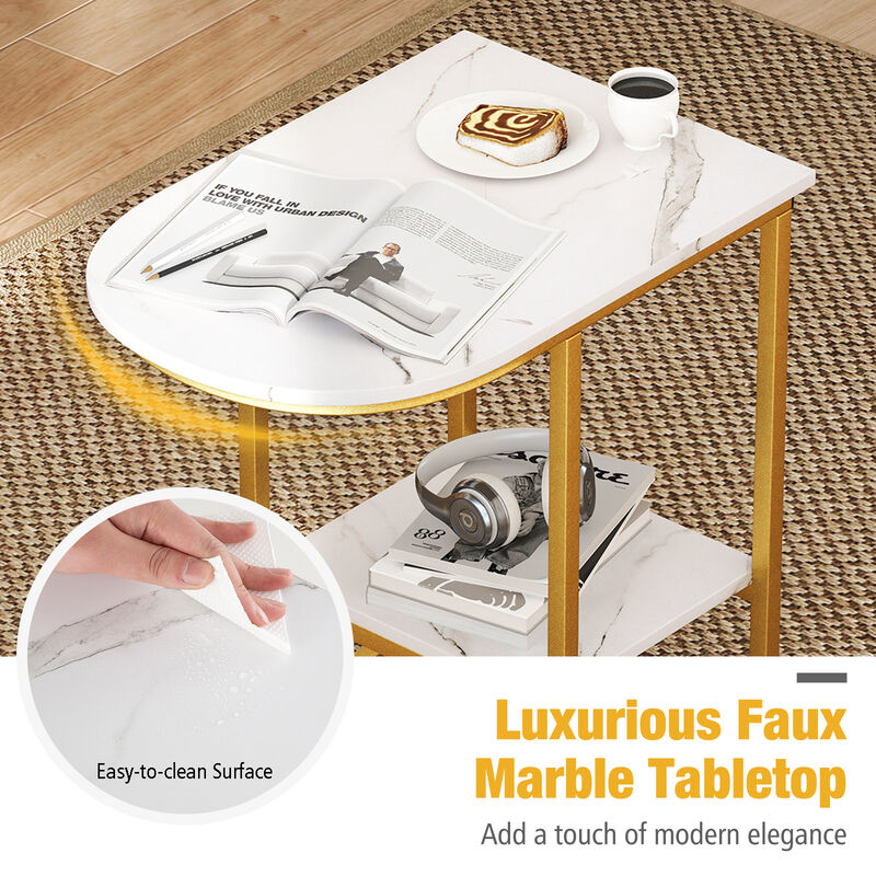 Space-Saving C-Shaped Sofa Side Table with Faux Marble and Storage Shelf