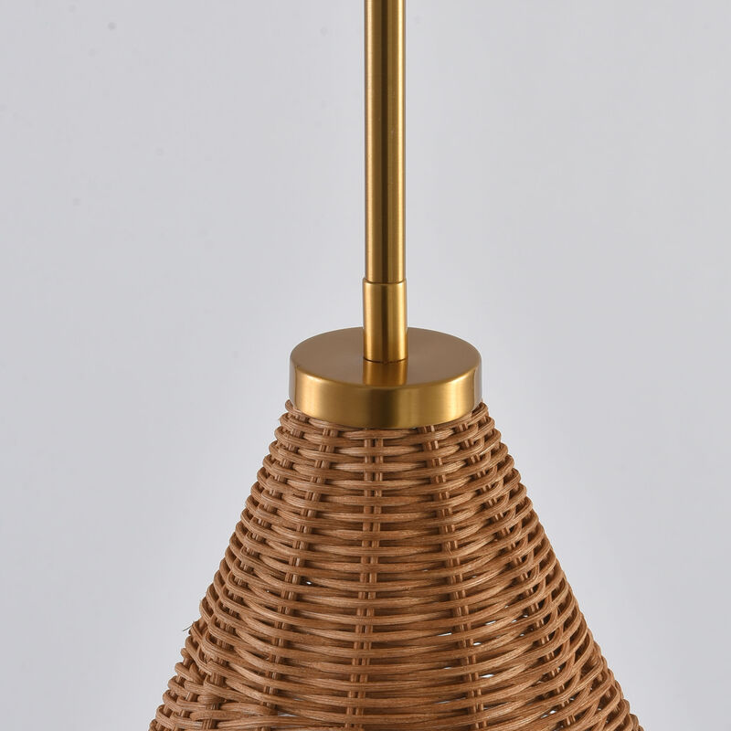 14" Bohemian Coastal Gold Handwoven Rattan Pendant Light with Clear Ribbed Cone Glass Shade for Bedroom, Living Room or Kitchen Island image number 7