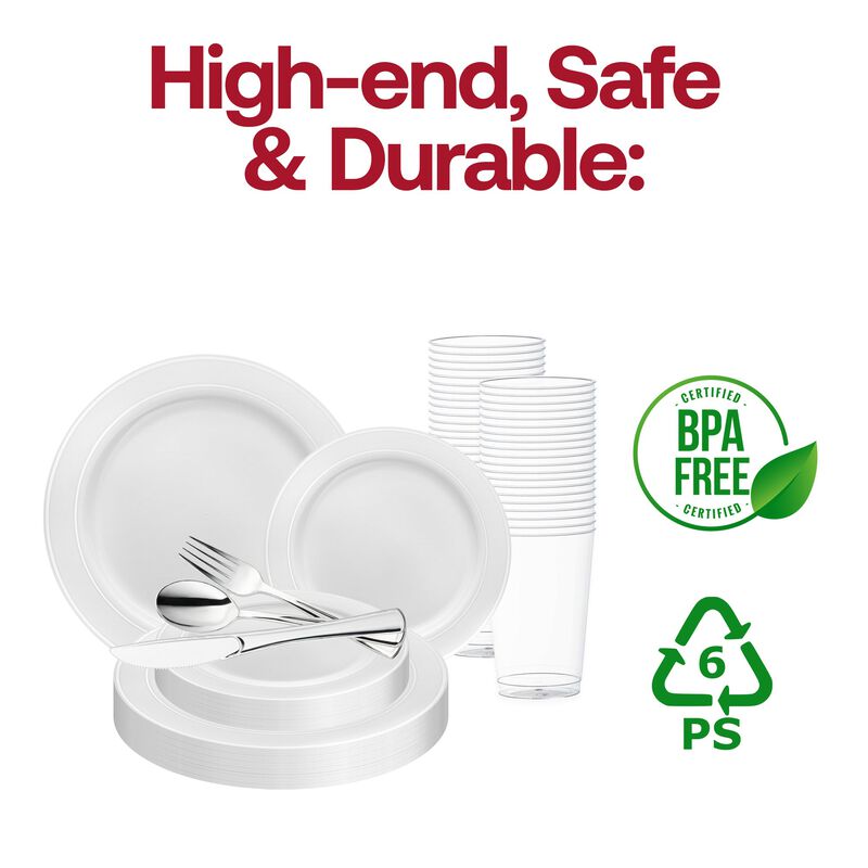 White with Silver Edge Rim Plastic Wedding Value Set (30 Sets) image number 4