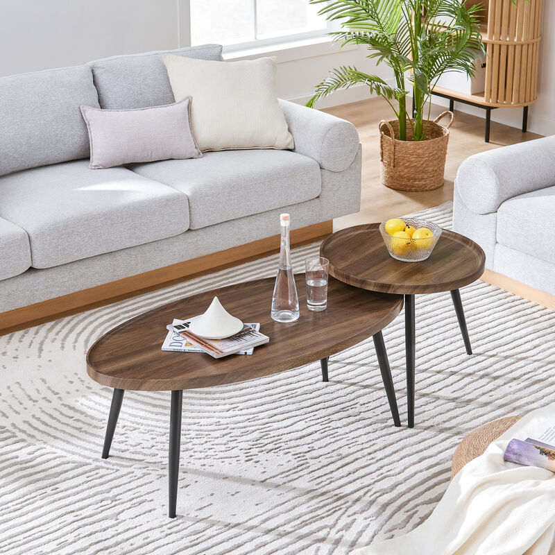 Paxton Nesting Raised Lip Edge 2 Piece Coffee Table Set with Modern Black Metal Taper Legs - Round and Oval